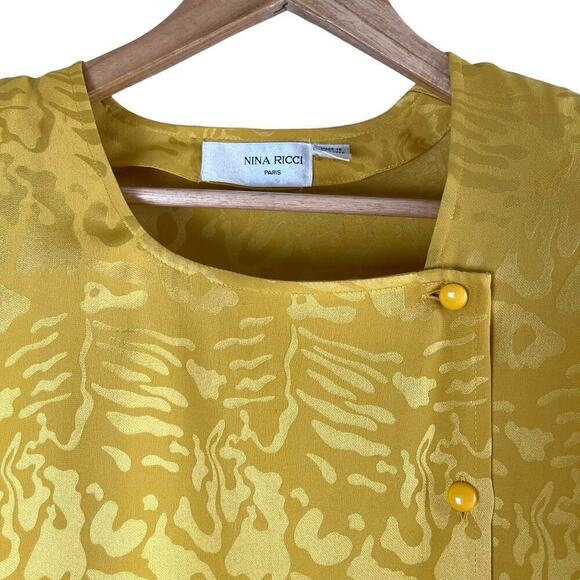 Vintage Nina Ricci 100% Silk Jacquard Long Sleeve‎ Blouse in Yellow, Size 8 - Picture 2 of 14